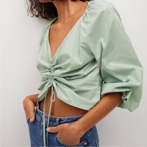 Mango Cotton Poplin Blouse Ruched Green New